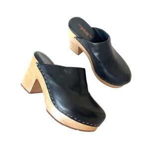 Charlotte Stone Marlo Black Leather Wooden Block Heel Clogs Platform Size 9